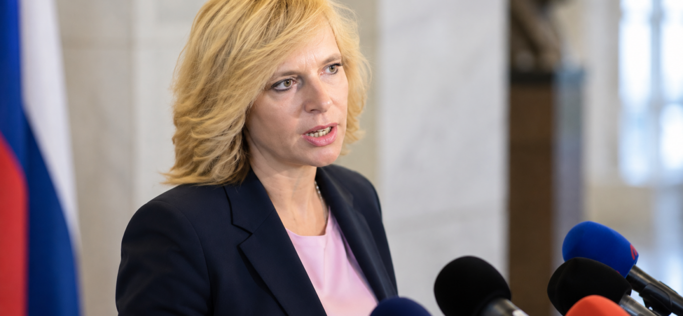 Blonda hovorkyna na tlacovej konferencii