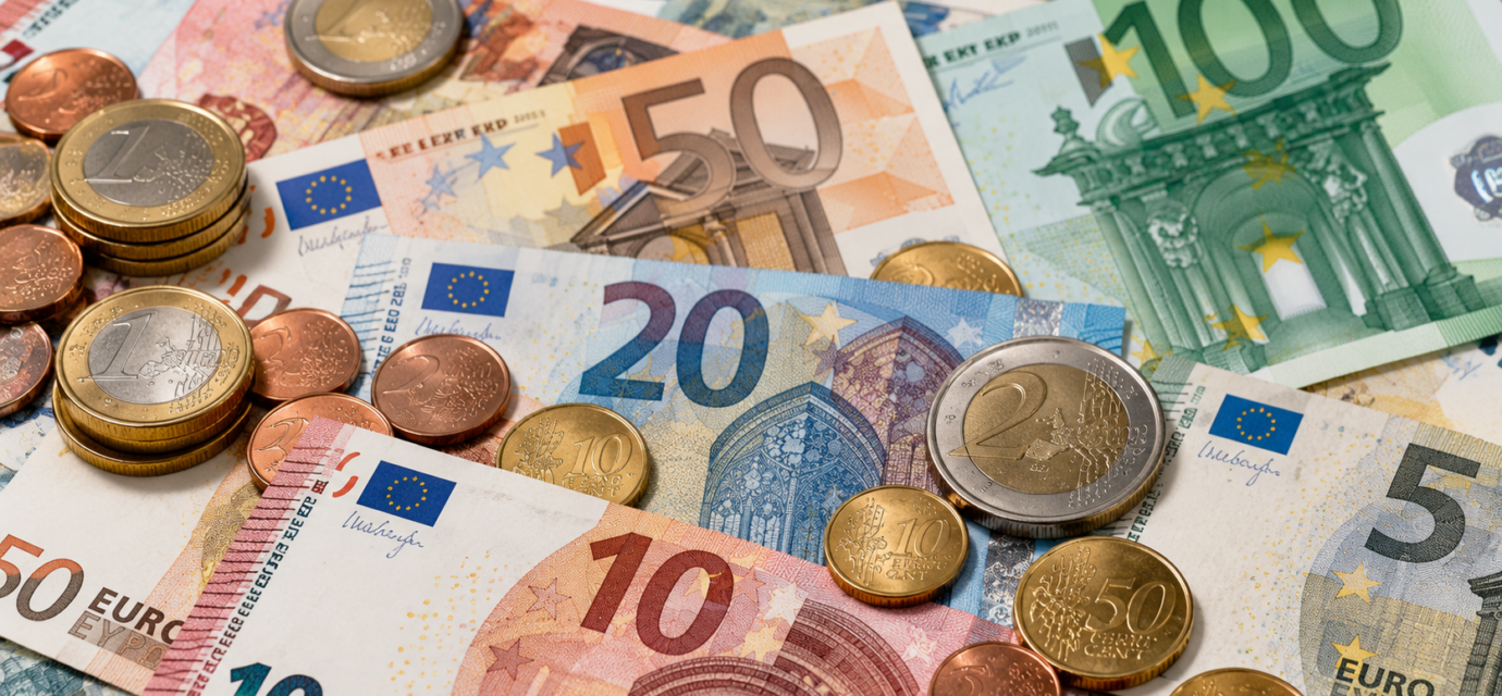 Farebna zmes eurobankoviek a minci