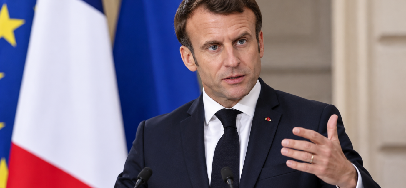 Macron na tlacovej konferencii s vlajkami