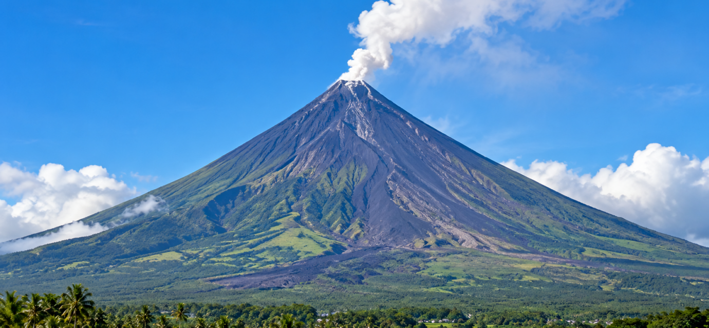 Majestatny Mayon nad tropickou krajinou