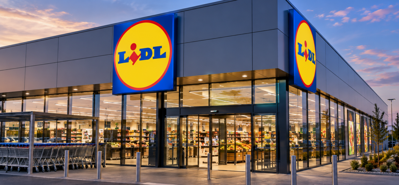 Moderna predajna Lidl za sumraku