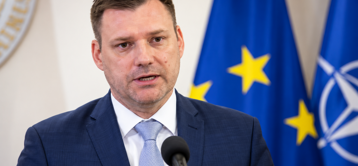 Tlacova konferencia s europskymi vlajkami