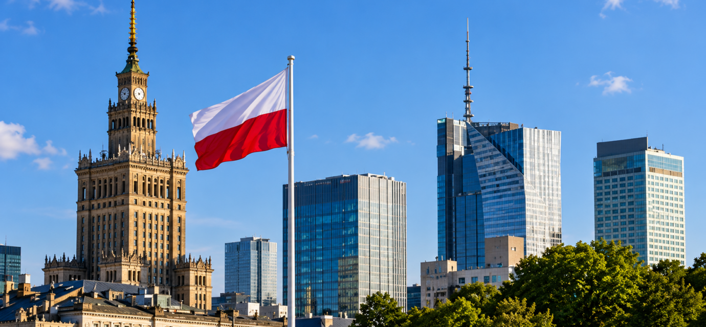 Varsavska panorama s polskou vlajkou