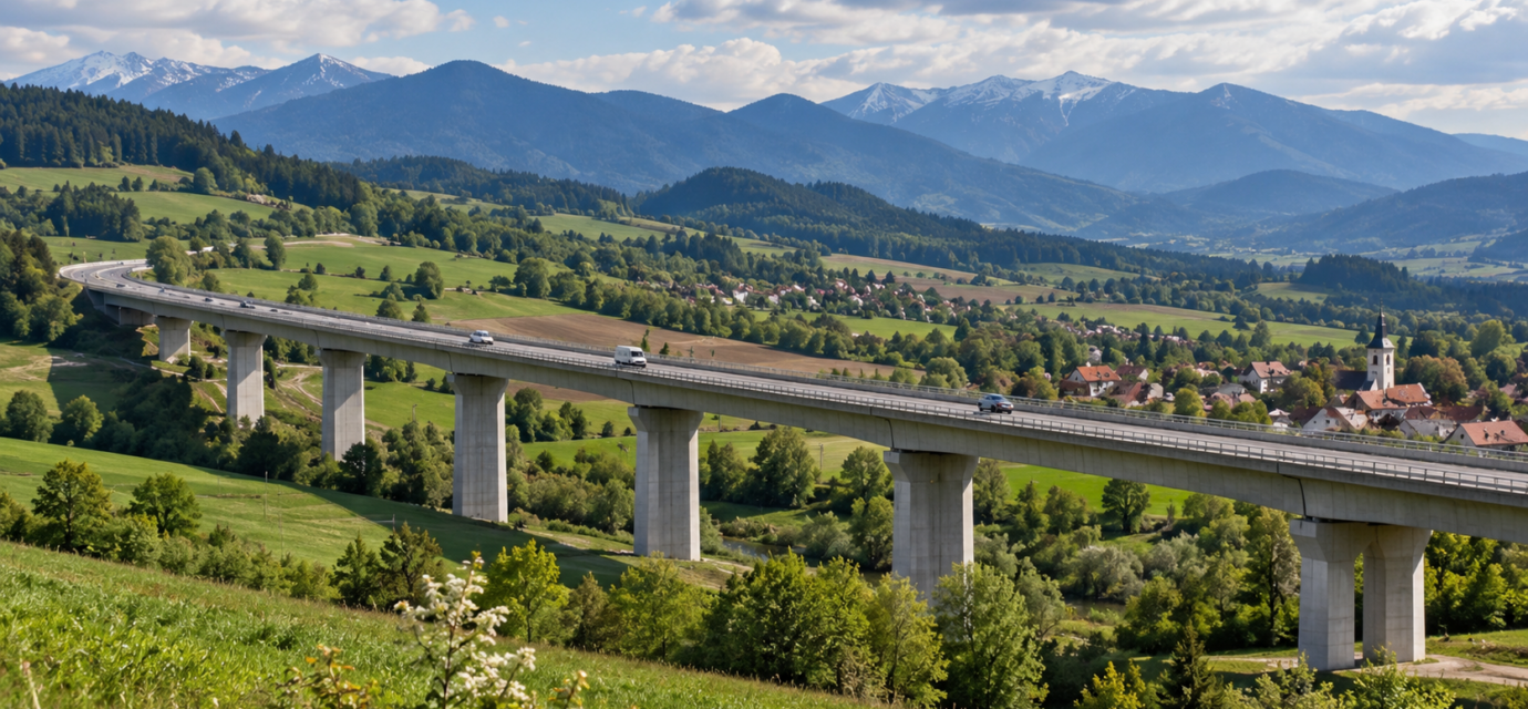 Viadukt nad zelenym horskym udolim