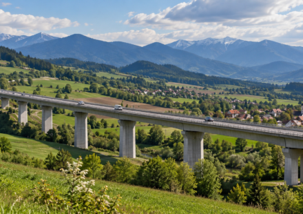 Viadukt nad zelenym horskym udolim