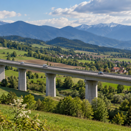 Viadukt nad zelenym horskym udolim