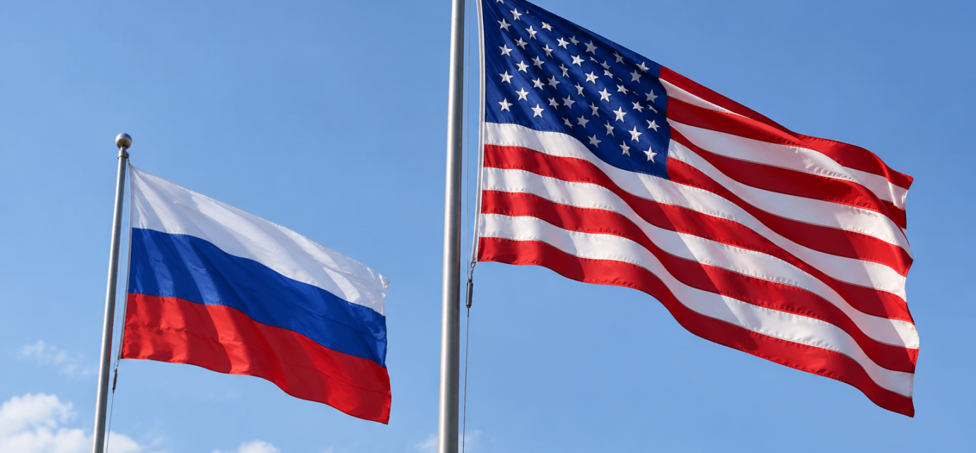 Vlajky USA a Ruska na oblohe