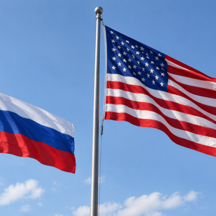 Vlajky USA a Ruska na oblohe