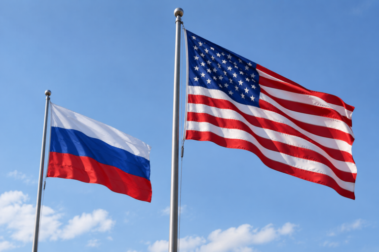 Vlajky USA a Ruska na oblohe